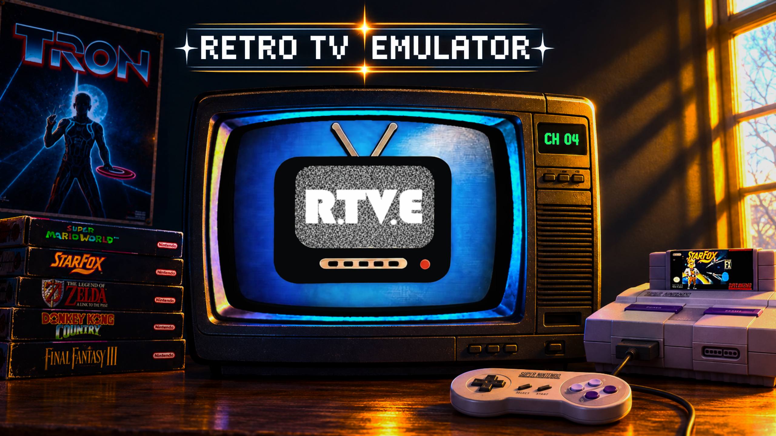 Retro TV Emulator boot screen showing a vintage CRT TV with the R.T.V.E logo